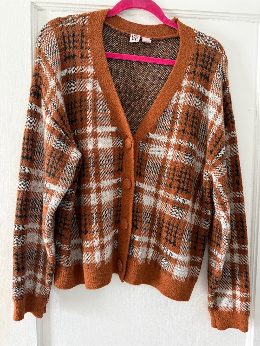 Love By Design Rust and White Plaid Button Cardigan